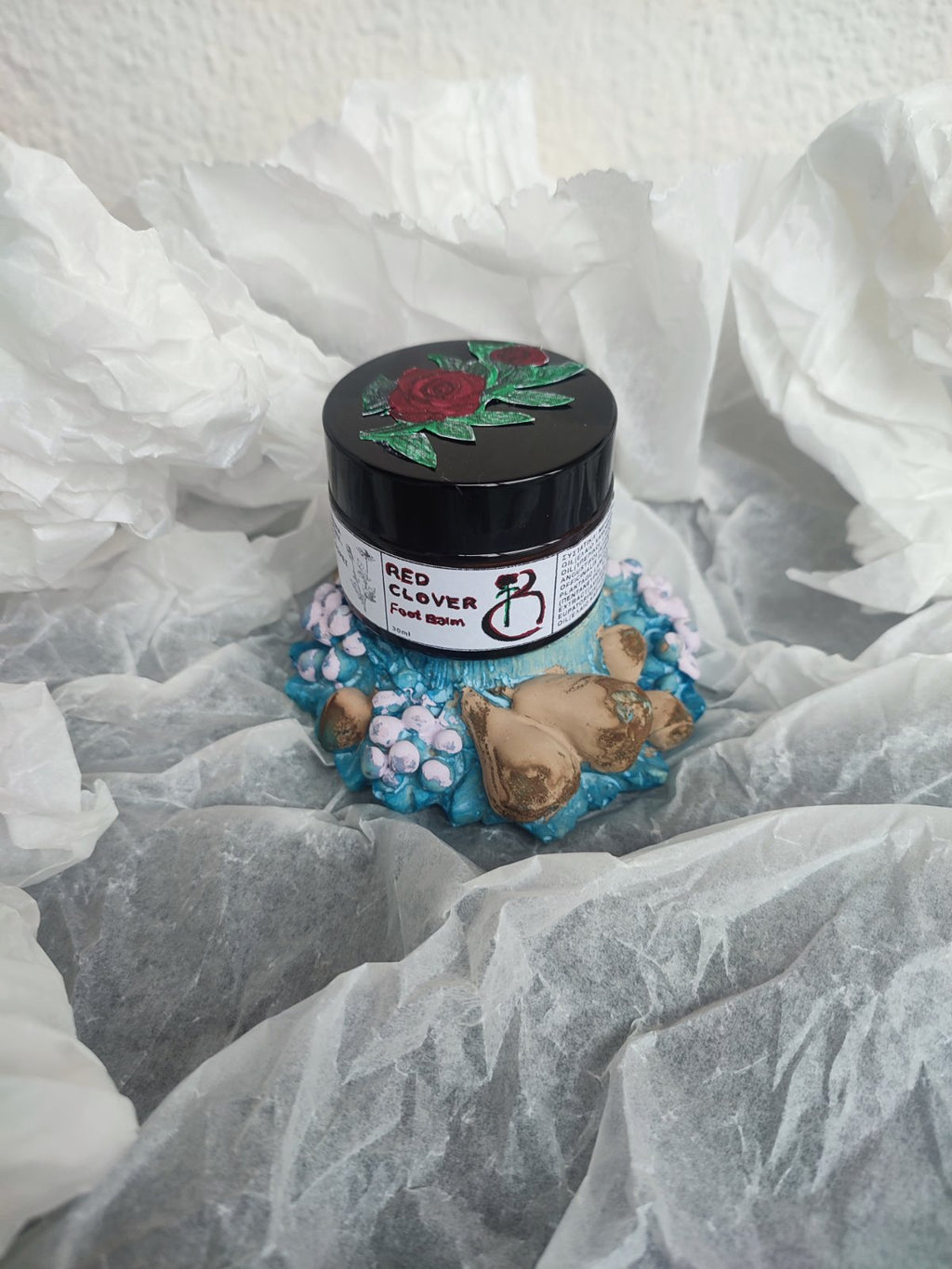 Red Clover Foot Balm jar with chamomile and beeswax, natural remedy for cracked heels and dry feet, handmade in Greece.